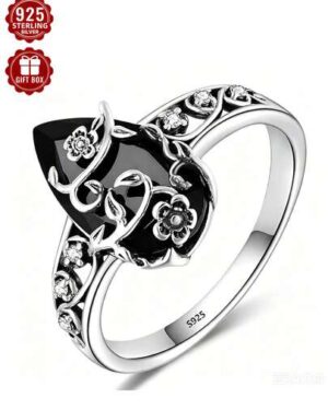 1pc Black Cubic Zirconia 925 Sterling Silver Ring, Flower Of Life Jewelry, Size 6-10, Suitable For Women's Daily Wear, Comes With Gift Box