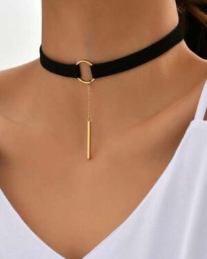 1pc Black Faux Suede Fabric Circular Choker With Stick Pendant & Chain For Women Gothic Summer Necklace