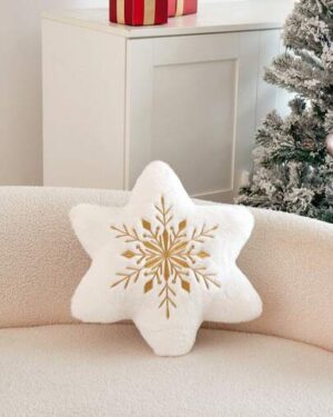 1pc Christmas Faux Fur Gold Asymmetrical Snowflake Embroidered Decorative Pillow Cover, Suitable For Indoor Decor, Christmas Decor Pillow Cover, Pillow Insert Not Included