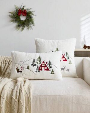 1pc Christmas Santa Claus Red House & Christmas Tree Embroidered Cushion Cover, Suitable For Indoor Decoration, Christmas Decorative Pillow Cover, Pillow Insert Not Included