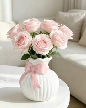 1pc Cute Bow Knot Resin Vase, White & Pink Aesthetic Flower Vase For Bedroom Desk Decor, Perfect Valentine's Day Gift