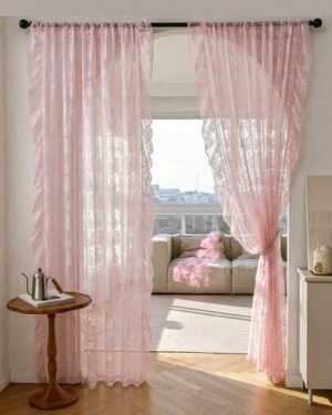 1pc French Countryside Floral Lace Trim Curtain Sheer For Living Room, Bedroom, Dining Room Decor