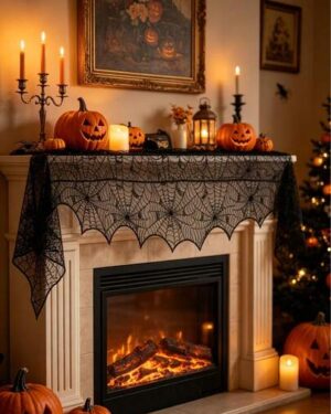 1pc Halloween Black Lace Fireplace Mantle Scarf Cover, Spider Web Fireplace Mantle Cover, Halloween Fireplace Frame Decoration, Halloween Party Supplies, Scary Halloween,...