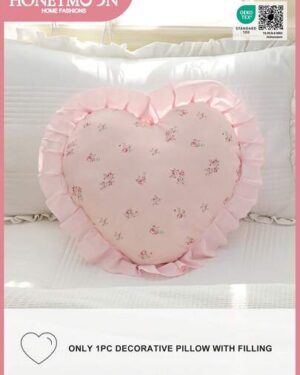 1pc Heart Shaped Printed Decorative Throw Pillow, Single-Sided Print, Romantic French Style With Ruffle Trim, Fashionable Accent Cushion For Living Room, Bedroom, Dorm, Sofa,...