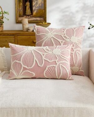 1pc Modern Minimalist Pink Floral Embroidered Throw Pillow Cover, Spring/Summer Floral Cushion Cover, Suitable For Indoor Decor, All Season Pillow Sham, Pillow Insert Not Included