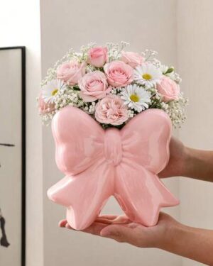 1pc Oversized Bow Decor Vase, Cute Ribbon Design Vase, Suitable For Home Decor, Living Room Tabletop, Bedroom Shelf And Gift Display