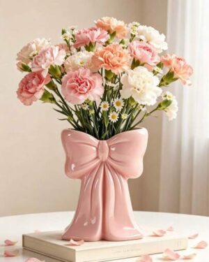 1pc Pink Bow Vase, Flower Vase, Minimalist High-End Design, Suitable For Room Decor, Home Living Room Desk Study Dining Office Decoration, Exquisite Crafted Vase