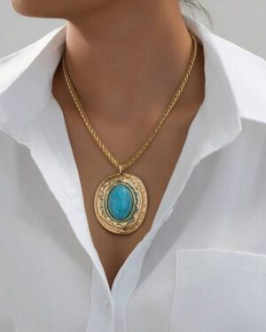 1pc Snake Chain Alloy Metal Oval Faux Turquoise Pendant Necklace, Gold/Silver Plated Jewelry - Suitable For Women's Daily Wear