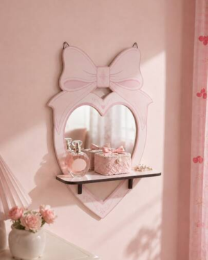 1pc Sweet Girl Style Pink Bow Heart Wall Hanging Mirror Floating Shelf, Girly Heart Vanity Mirror Storage Rack, Soft Cute Bow Frame Wall Makeup Mirror, Macaron Atmosphere...