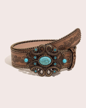 1pc Western Cowboy Vintage Style Turquoise Decor Metal Buckle Embossed PU Women's Belt, Suitable For Jeans, Casual Pants, Daily Wear