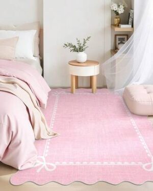 1PCS Washable Bow Bordered Area Rug For Living Room Large Indoor Accent Throw Carpet Modern Geometric Non-Slip Stain Resistant Foldable Floor Cover For Dorm Home Decor Runner...