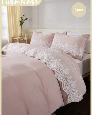 3-Piece Light Pink Tulle Lace Trim Duvet Cover Set (1 Duvet Cover + 2 Pillowcases, Duvet Insert Not Included), Pink Wedding Romantic, Pastoral And Bohemian Style, Lightweight...