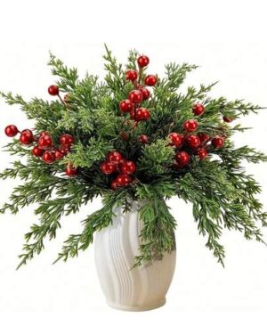 30pcs Artificial Christmas Pine Branches With Red Berries, Faux Norfolk Pine Needles, Suitable For DIY Crafts, Wreaths, Home Decor And Christmas Tree Ornaments, Desktop Plastic...