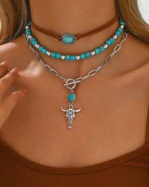 3pcs/Set Western Country Boho Turquoise Bull Head Pendant Necklace Set, Vintage Choker Necklace For Daily Wear & Vacation