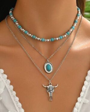 3pcs/Set Western Country Retro Style Necklace Set, Vintage Turquoise Bull Head Pendant Necklaces, Suitable For Daily Wear, Party, Holiday And Travel