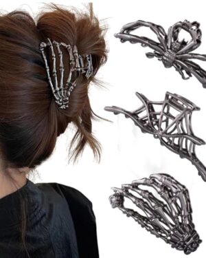 3PCS Black Spider Web Skeleton Hand Skull Hair Claw Clips for Women And Girls, Hiphop Metal Large Medium Size for Thick Thin Hair, Headband Barrette for styling Hair Accessories Party Gift (Black Gun)