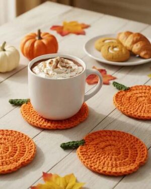 4pcs Crochet Pumpkin Coasters, Fabric Handmade Drink Mats, Coffee Mats, Autumn Farmhouse Style Decor, Halloween Decor, Fall Decor, Thanksgiving Table Accessories, Halloween...