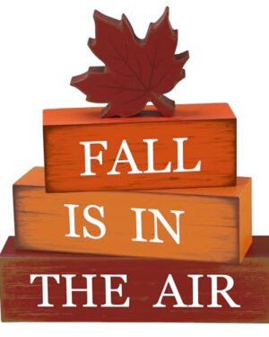 4 PCS Fall Maple Leaf Wooden Table Block Sign Thanksgiving Wood Tiered Tray Decor Fall is in the Air Block Centerpiece Rustic Farmhouse Table Decorations for Autumn Thanksgiving Home Desk Shelf Decor