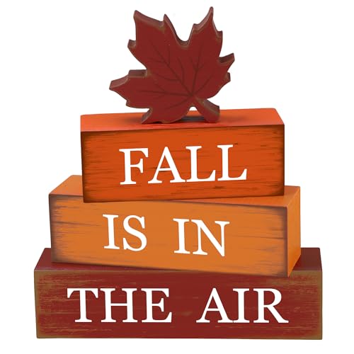 4 PCS Fall Maple Leaf Wooden Table Block Sign Thanksgiving Wood Tiered Tray Decor Fall is in the Air Block Centerpiece Rustic Farmhouse Table Decorations for Autumn Thanksgiving Home Desk Shelf Decor