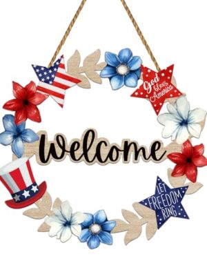 4th of July Decorations Patriotic Decorations Patriotic Wreath Welcome Sign Wooden 4th of July Wreaths for Front Door Decorations Memorial Day Fourth of July Hanging Sign for Wall Indoor Home Decor