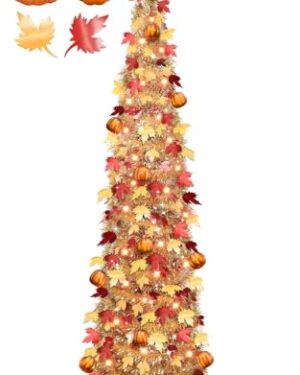 5 FT Fall Tree Fall Decor, Tinsel Maples Tree with 50 Warm White Lights