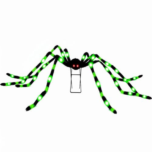 6.6 FT(Wide) Halloween Giant Spider with 9'' Metal Stand, 36 Green LED Lights, 8 Modes Light-Up Large Spiders Outdoor Decorations, Spooky Props for Yard, Lawn, Porch, Haunted House Décor