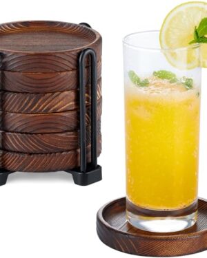 6Pcs Wooden Coasters for Drink-Acacia Wood Drink Coasters Set with Holder