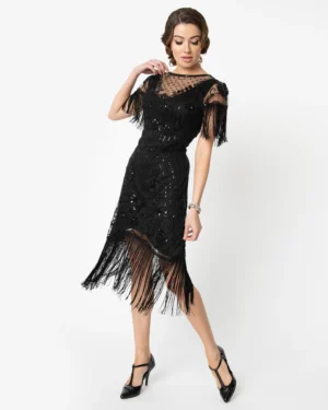 Unique Vintage | 1920s Black Beaded Fringe Sleeve Nadine Flapper Dress