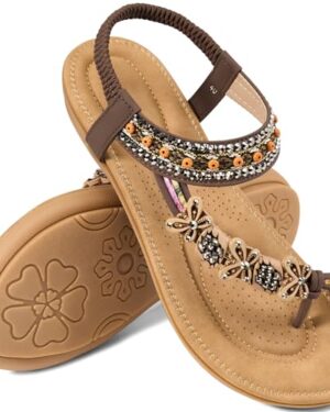 Ablanczoom Flat Sandals for Women Summer: Casual Boho Beaded Toe Ring Dress Shoes - Comfortable Vacation Daily Walking Shoes