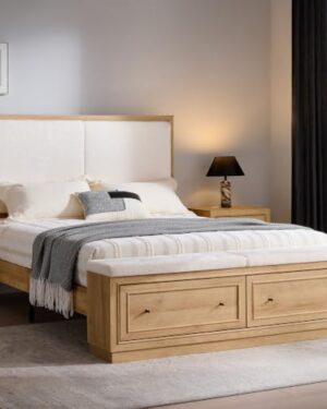 ACCOHOHO Queen Bed Frame w/Upholstered Headboard,Storage Bench,Natural Oak