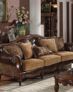 Acme Classic Upholstery Sofa with 5 Pillows Tight Back & Loose Seat Cushion Arched Molding Trim for Bedroom Living Room Office, No Assembly, Two Tone Brown PU & Chenille Cherry Finish
