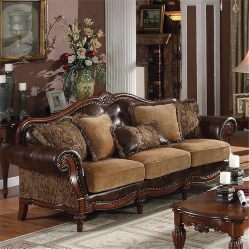 Acme Classic Upholstery Sofa with 5 Pillows Tight Back & Loose Seat Cushion Arched Molding Trim for Bedroom Living Room Office, No Assembly, Two Tone Brown PU & Chenille Cherry Finish