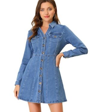 Allegra K Womens Denim Dresses Collar V Neck Long Sleeve Jean Dress