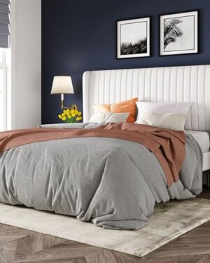 Allewie Full Size Velvet Bed Frame/Vertical Channel Tufted Wingback Headboard/Upholstered Platform Bed/Strong Wooden Slats/No Box Spring Needed/Easy Assembly/White