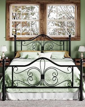 Allewie Metal Queen Platform Bed Frame, Butterfly Pattern Design, Black