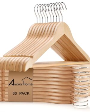 Amber Home 30 Pack Natural Wooden Coat Hangers, Wood Suit Hangers