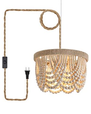 AMZASA Plug in Chandelier Boho Woven Hemp Rope Wooden Beaded Farmhosue Hanging Pendant Light Fixture with 14.8FT Cord On/Off Switch 3 Lights for Nursery Bedroom Living Room Dining Room UL Listed