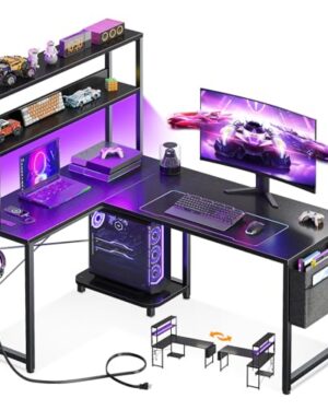 AODK L Shaped Desk Gaming Desk with LED Light & Power Outlet