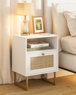 Apetaccat Rattan Nightstand, Boho Night Stand Farmhouse Wood Bedside Table with Storage and Open Shelf, End Side Accent Table for Bedroom,Living Room,White