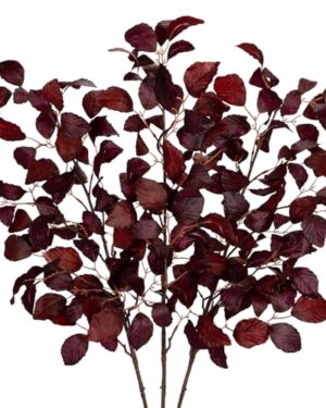 Arborus 3PCS Artificial Fall Leaf Stems Autumn Leaves Fake Fagus Sylvatica Folige Burgundy Faux Beech Leaf Branch, Long Stems for Floral Arrangements Autumn Decoration
