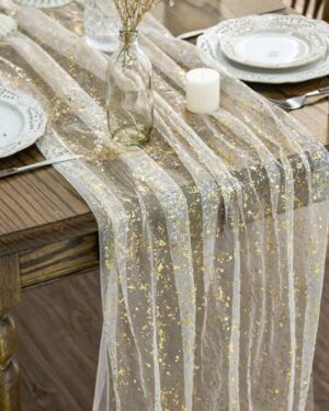 Artoid Mode Beige Gold Gauze Table Runner 120 Inch 10FT, Glitter Metallic Foil Sheer Dining Wedding Anniversary Holiday Birthday Table Decor for Home Party