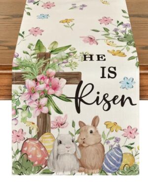 Artoid Mode Bunny Rabbits Eggs He is Risen Easter Table Runner, Seasonal Spring Kitchen Dining Table Decoration for Home Party Decor 13x72 Inch