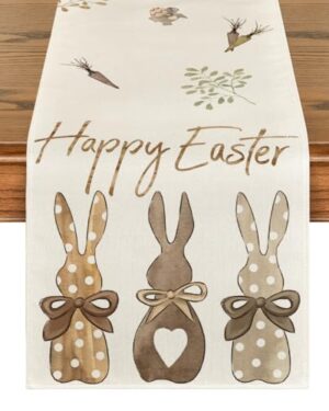 Artoid Mode Carrots Rabbit Bunny Happy Easter Table Runner, Spring Summer Seasonal Holiday Kitchen Dining Table Decoration for Indoor Outdoor Home Party Decor 13 x 72 Inch