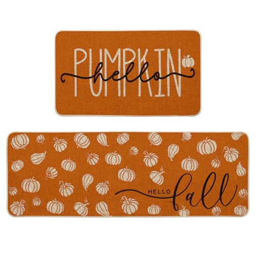 Artoid Mode Orange Hello Pumpkin Fall Kitchen Mats Set of 2 - 17x29+17x47"