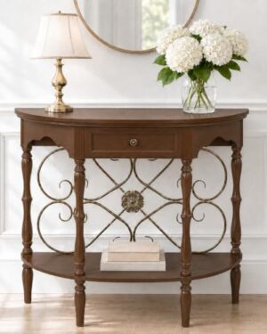 ARTPOWER Vintage Half Moon Console Table, Solid Wood Veneer, Brown