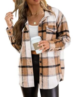 AUTOMET Shackets for Women Plaid Flannel Shirts Apricot