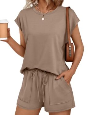 AUTOMET Womens 2 Piece Summer Matching Lounge Short Sets with Pockets