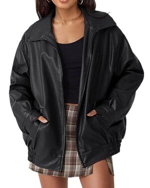 AUTOMET Women's Oversized Faux Leather Jacket for Fall and Winter