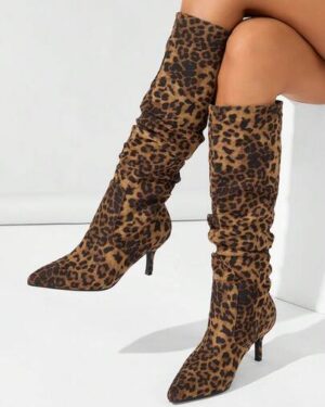 Autumn/Winter Fashion Hot-Selling Women's Pointed Toe Ruched High Heel Suede Knee-High Slip-On Black Elegant Boots
