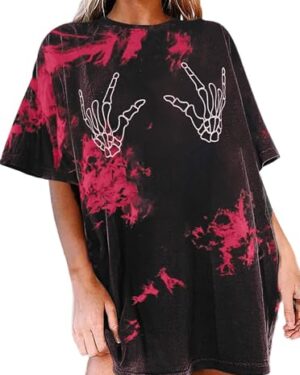 Avanova Women Tie Dye Skull Graphic Oversized Tees Vintage Skeleton Hands Loose Fit T Shirt Black Red X-Large
